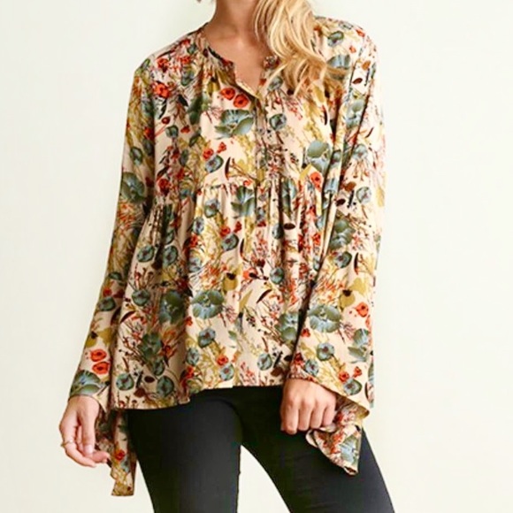 Umgee Tops - Boho Floral Babydoll Flowy Umgee Long Sleeve M X